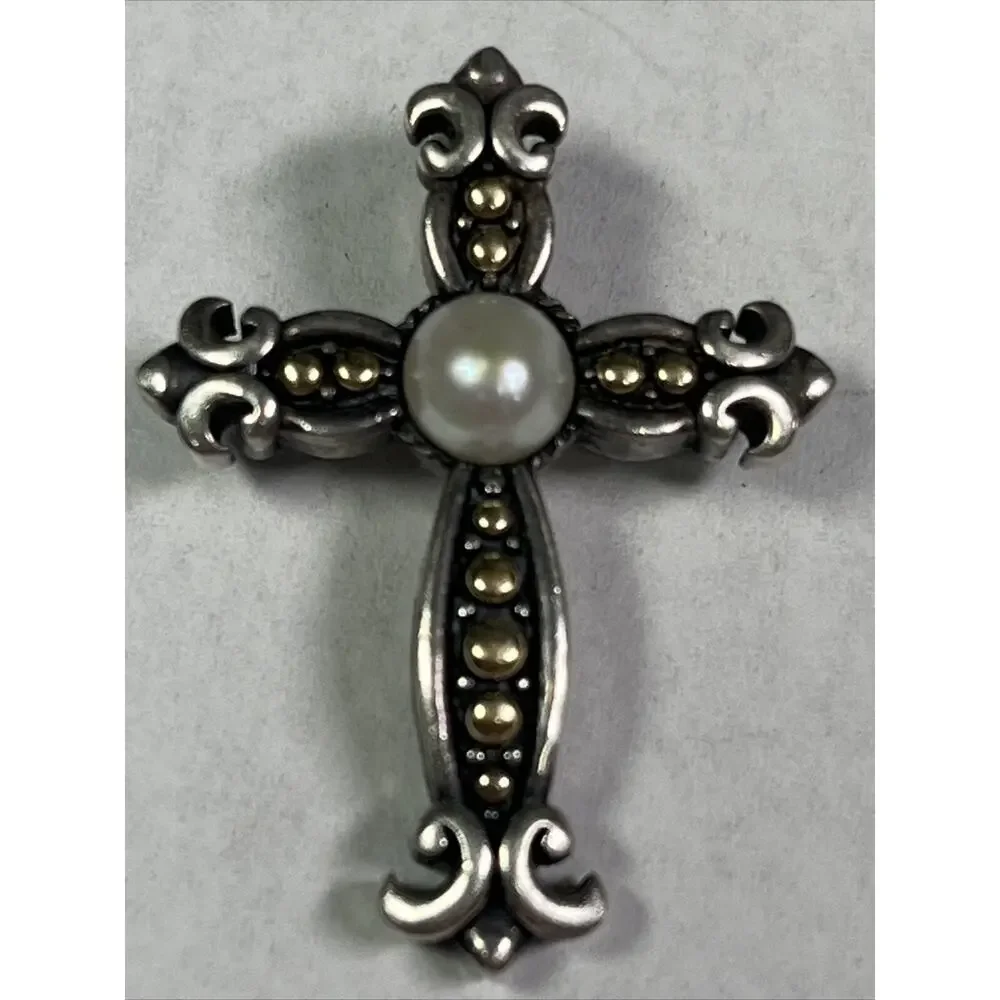 EFFY 18k And Sterling Silver Cross Crucifix Pendant Faux Pearl No Necklace RARE - Picture 1 of 12